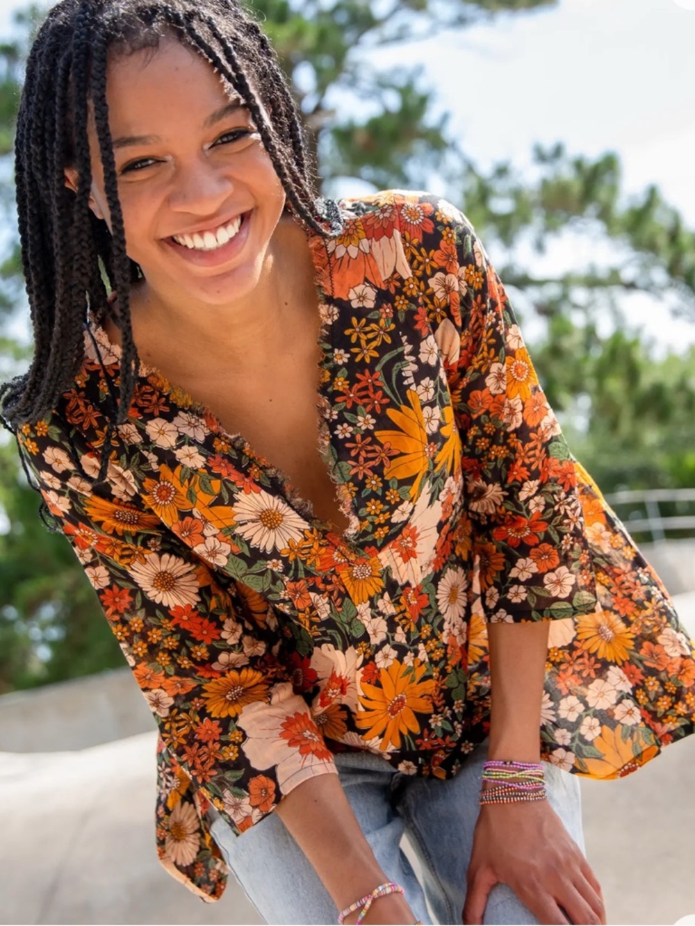 NATURAL LIFE Black Floral V-Neck Tunic with Orange, Yellow and Green Flowers